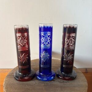 Vintage Antique Bohemian Czech-style Ruby Red & Cobalt Blue Crystal Cut Vases